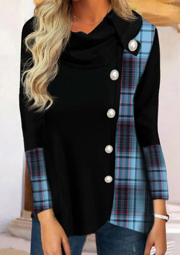 

Blouses Plaid Irregular Button Long Sleeve Blouse in Black. Size: L,M,,XL