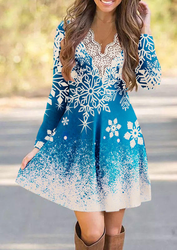 

Mini Dresses Christmas Snowflake Lace Splicing Mini Dress in Blue. Size: L,M,,XL
