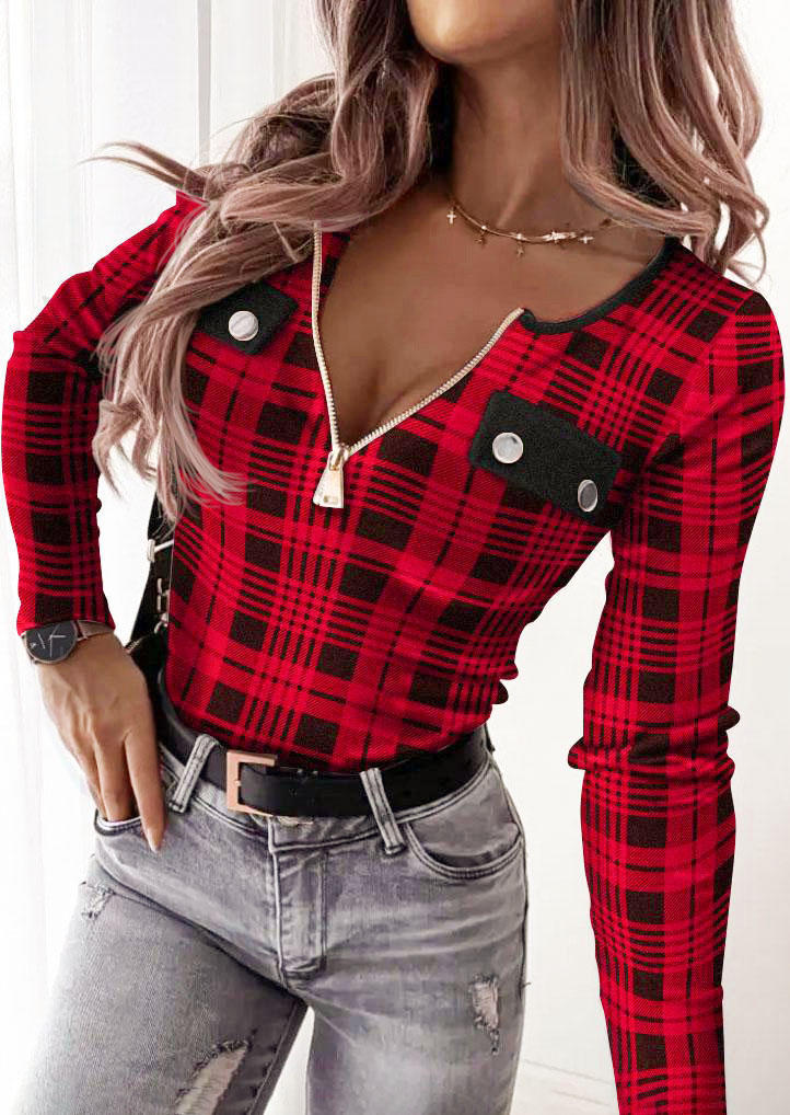 

Blouses Plaid Zipper Fake Pocket Long Sleeve Blouse in Red. Size