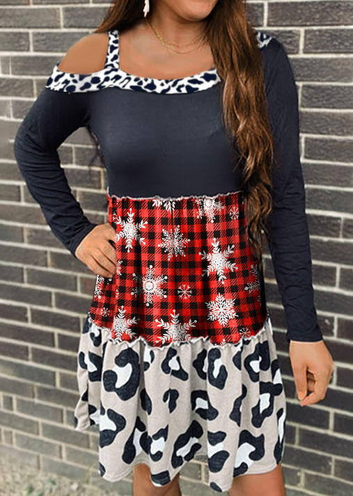 

Mini Dresses Christmas Leopard Snowflake Plaid Ruffled Mini Dress in Multicolor. Size: L,M,,XL