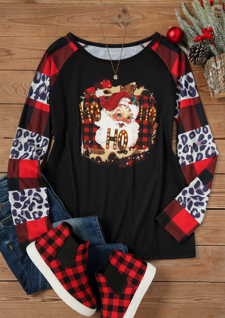 

T-shirts Tees Ho Ho Ho Santa Claus Leopard Plaid T-Shirt Tee in Black. Size: L,M