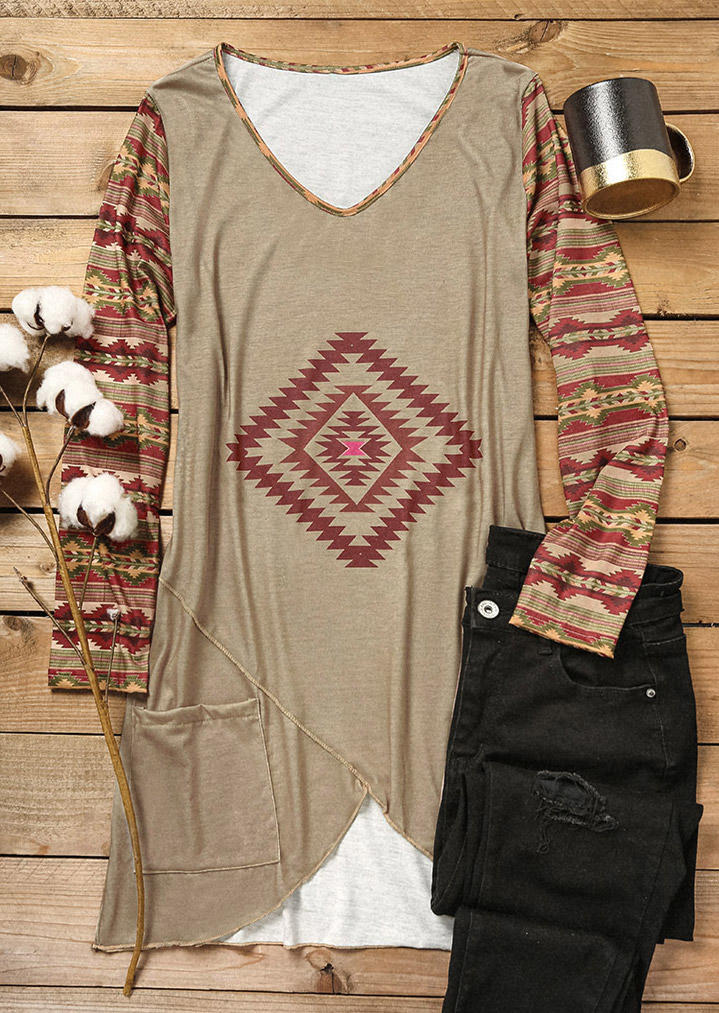 

Mini Dresses Aztec Geometric Irregular Pocket Mini Dress in Khaki. Size