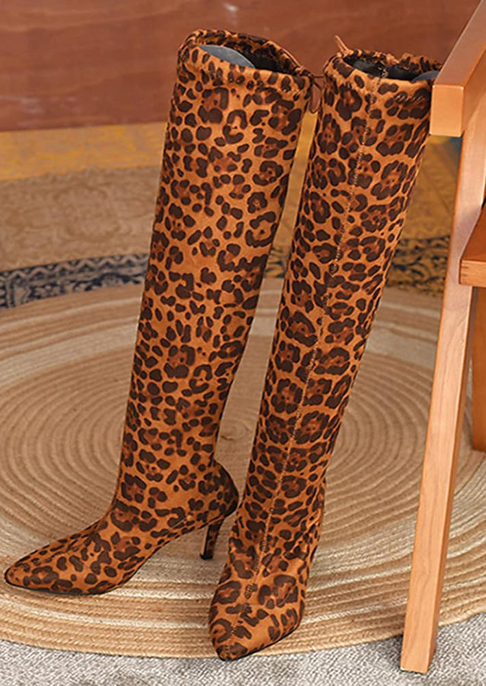 Leopard Pointed Toe Over Knee Heeled Boots
