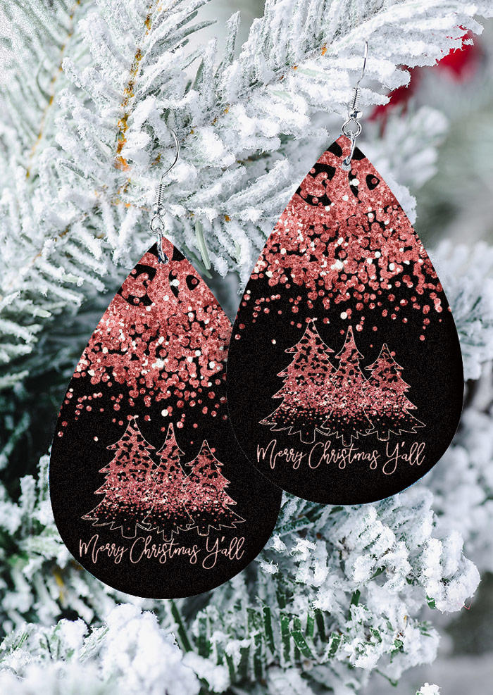 

Earrings Merry Christmas Y'all Glitter Tree PU Leather Earrings in Pink. Size