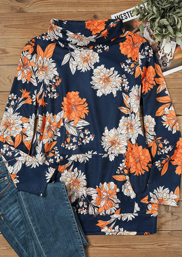 

Sweatshirts Floral Kangaroo Pocket Long Sleeve Cowl Neck Sweatshirt in Multicolor. Size: L,M,,XL