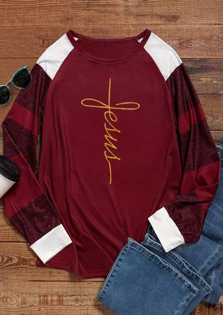 T-shirts Tees Jesus Striped Long Sleeve T-Shirt Tee - Burgundy in Red. Size: L,S,XL