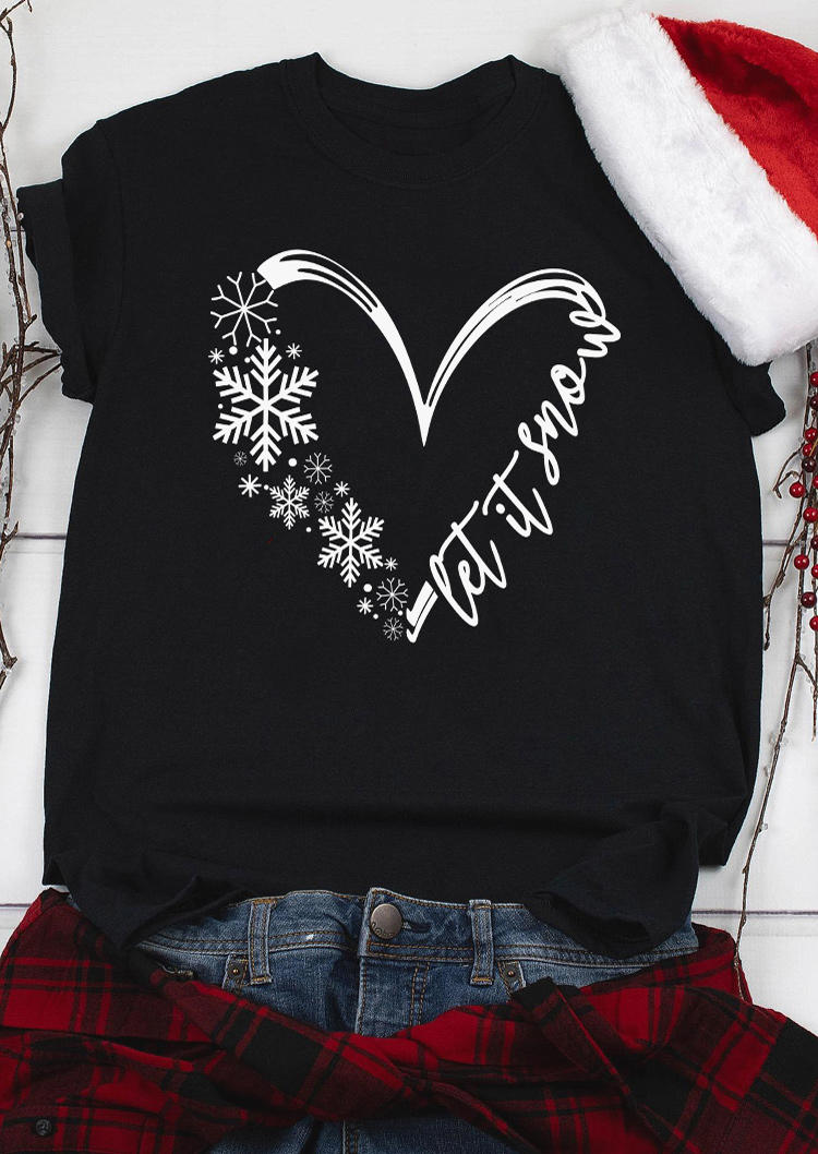 

T-shirts Tees Christmas Let It Snow Snowflake Heart T-Shirt Tee in Black. Size