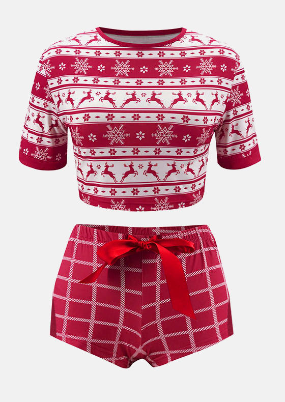 Sleepwear Christmas Snowflake Reindeer Crop Top And Shorts Pajamas Set in Red. Size: L