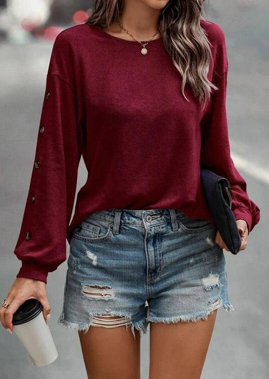 

Blouses Button Drop Shoulder O-Neck Blouse - Burgundy in Red. Size: L,M,,XL
