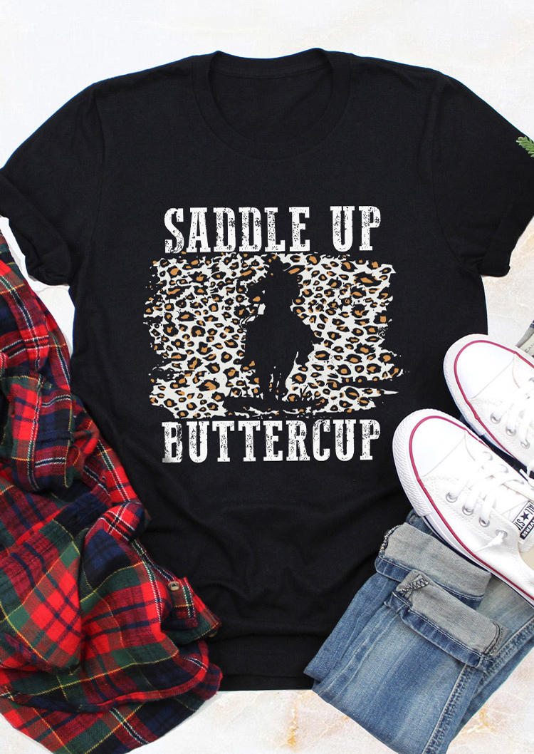 T-shirts Tees Saddle Up Buttercup Leopard Cowgirl T-Shirt Tee in Black. Size: L,M,S,XL