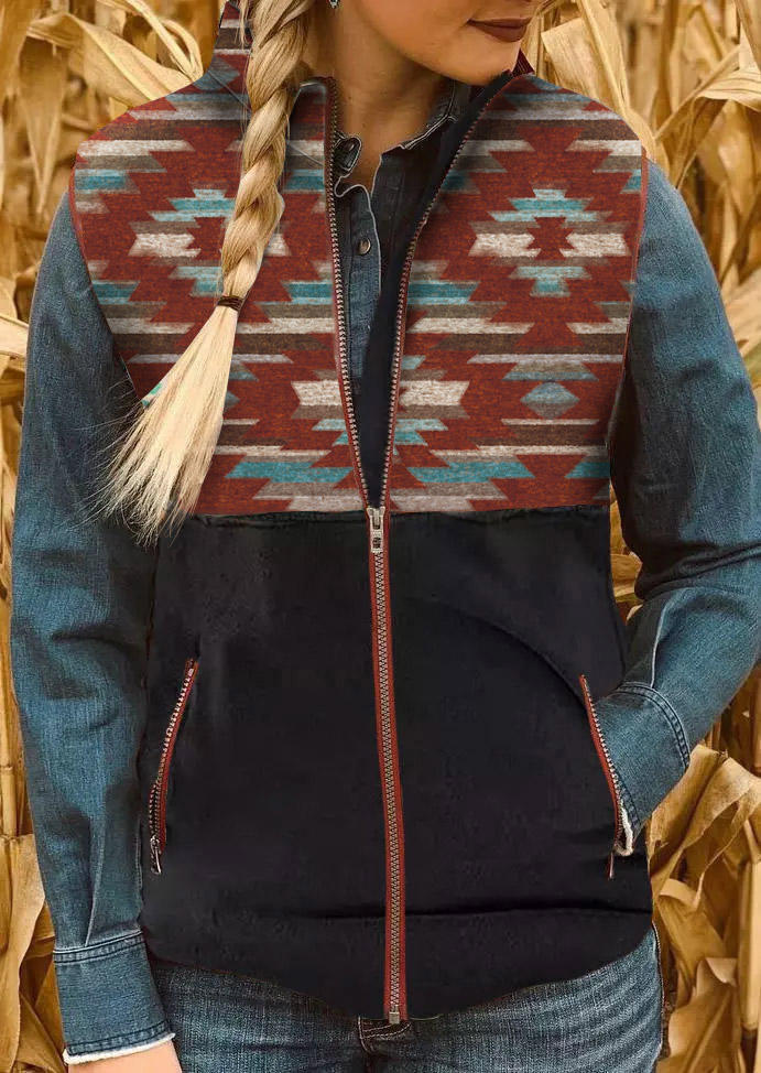 Coats Aztec Geometric Zipper Pocket Vest Coat in Multicolor. Size: S
