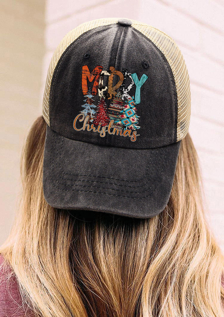 Hats Merry Christmas Tree Aztec Geometric Cow Baseball Cap in Black. Size: One Size