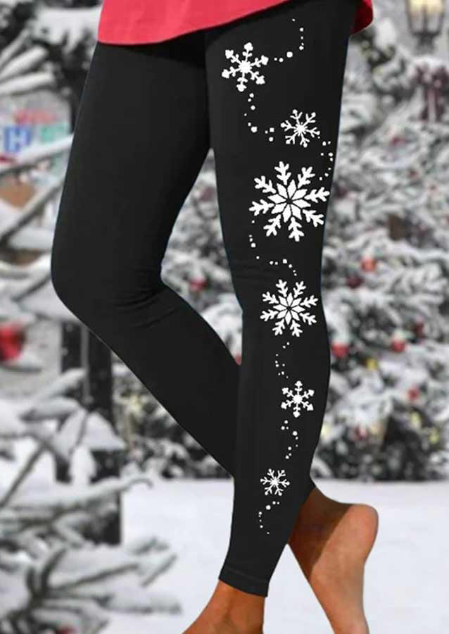 Leggings Christmas Snowflake Elastic Waist Skinny Leggings in Black. Size: L,S,XL