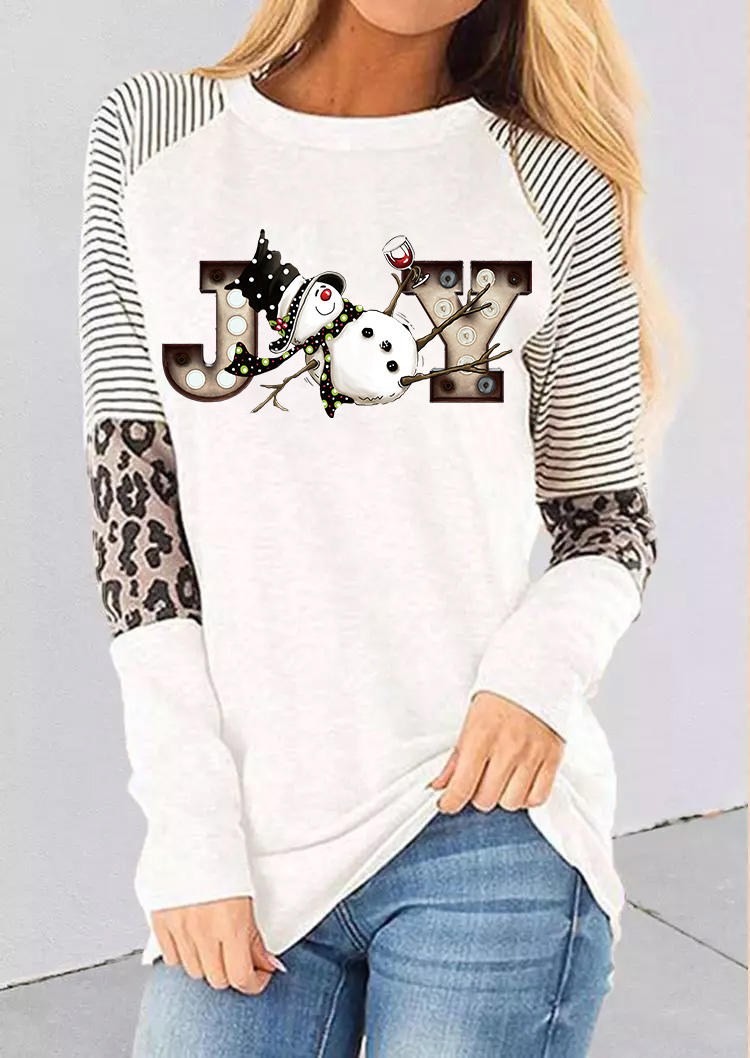 T-shirts Tees Christmas Joy Snowman Leopard Striped T-Shirt Tee in White. Size: S