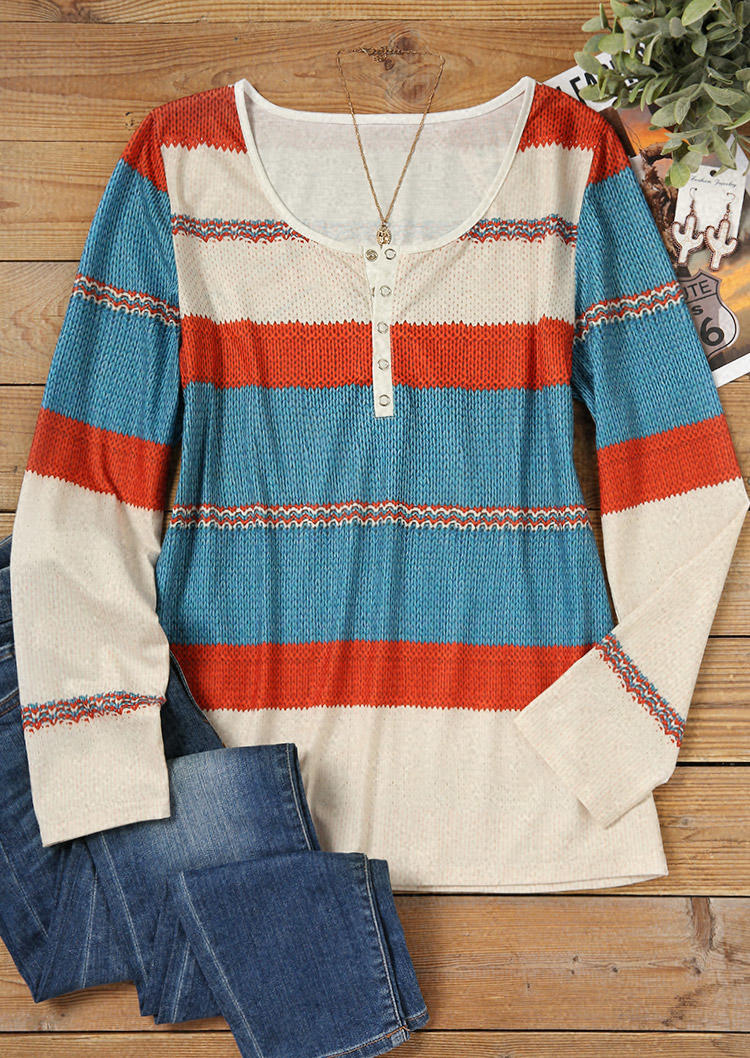 

Blouses Striped Button Long Sleeve Blouse in Multicolor. Size