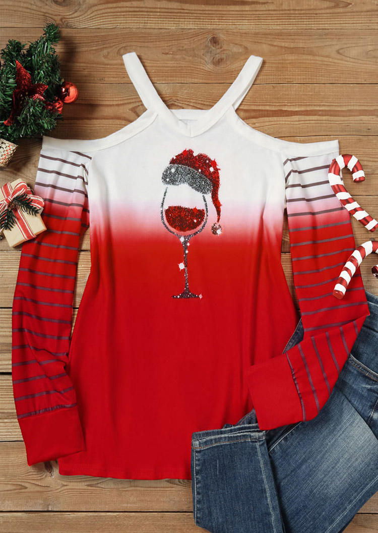 Blouses Christmas Wine Glass Gradient Glitter Cold Shoulder Blouse in Red. Size: L,M,S,XL