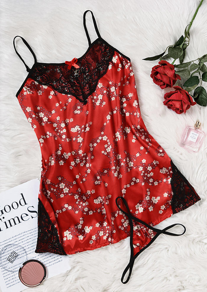

Lingerie Floral Lace Splicing Spaghetti Strap Lingerie Set in Red. Size