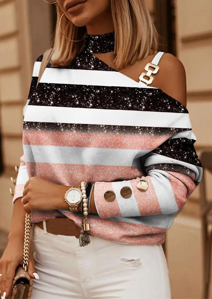

Blouses Striped Glitter Metal Chain Button Blouse in Multicolor. Size: L,M,,XL