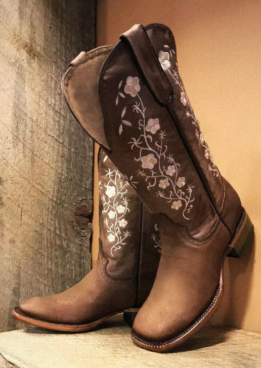 

Boots Floral Embroidery Round Toe PU Leather Boots in Brown. Size