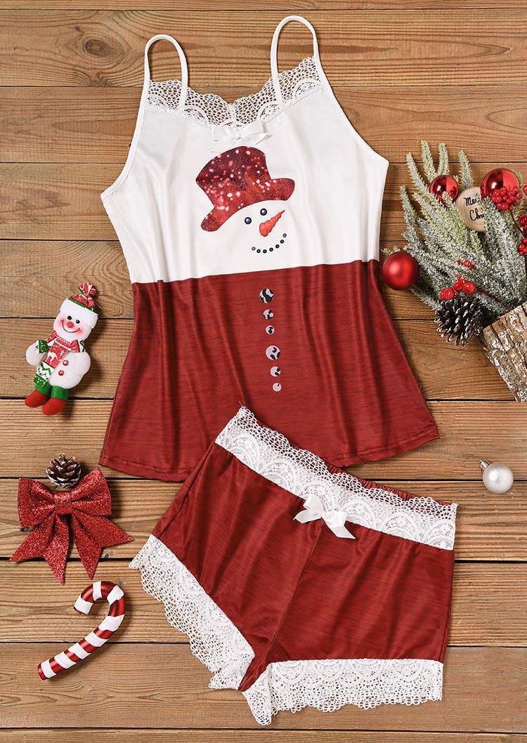 

Sleepwear Christmas Snowman Lace Camisole And Shorts Pajamas Set in Multicolor. Size: L,M,,XL