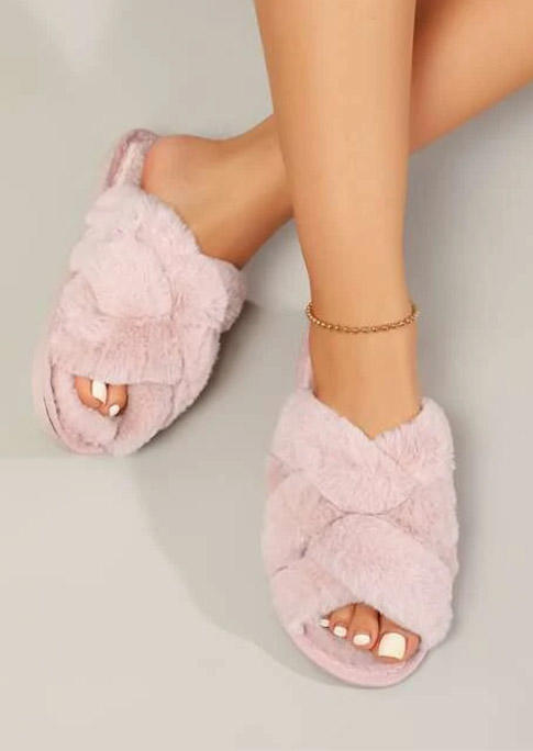Criss-Cross Slip On Flat Fur Slippers - Pink