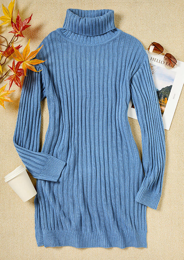 

Sweater Dresses Knitted Long Sleeve Turtleneck Sweater Dress in Blue. Size: L,M
