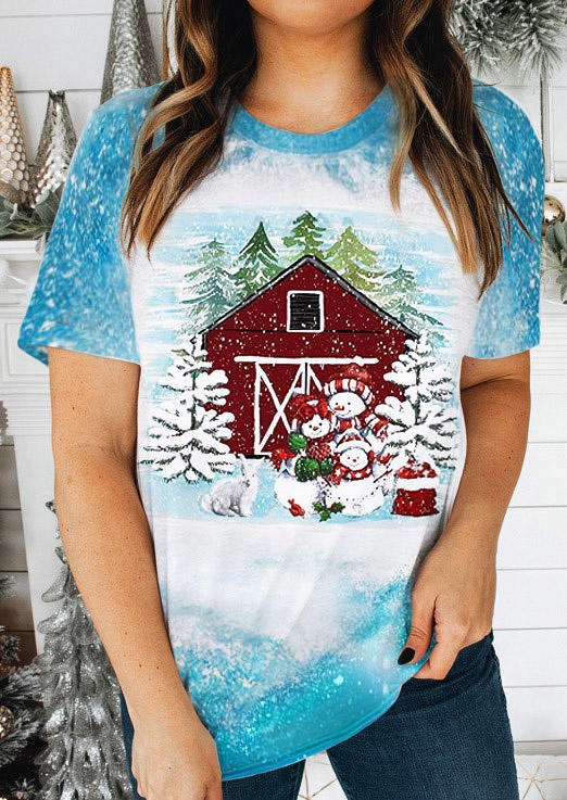 Christmas Tree Snowman Bleached T-Shirt Tee - Blue