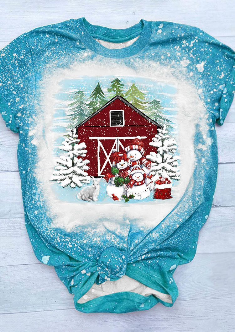 T-shirts Tees Christmas Tree Snowman Bleached T-Shirt Tee in Blue. Size: M,S