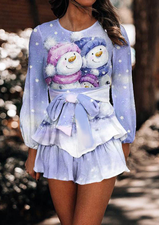 Mini Dresses Christmas Snowman Button Ruffled Open Back Mini Dress in Blue. Size: L,M,XL