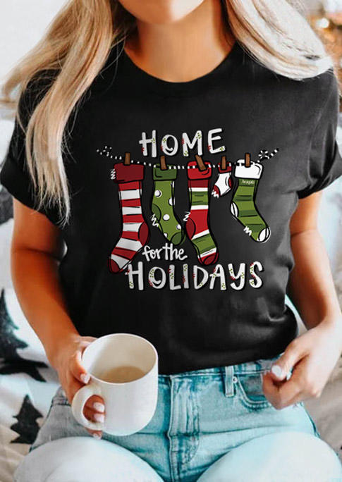 Home For The Holidays Striped Dot T-Shirt Tee - Black