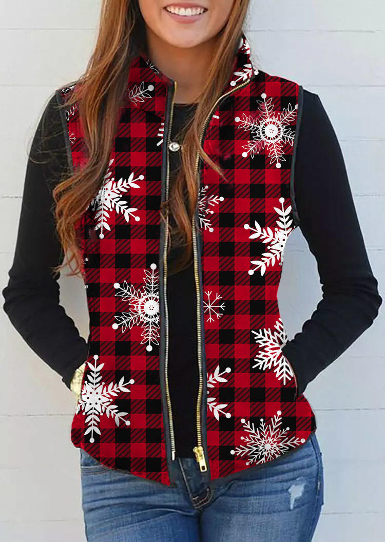 

Coats Christmas Snowflake Plaid Pocket Zipper Vest Coat in Red. Size: L,M,,XL