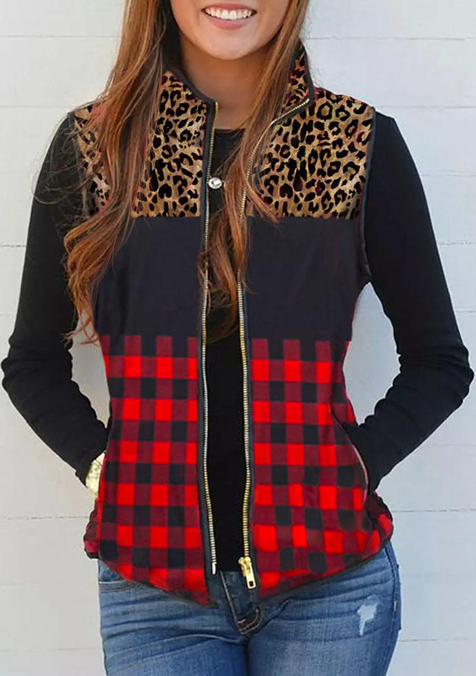 Coats Leopard Plaid Zipper Pocket Vest Coat in Multicolor. Size: M