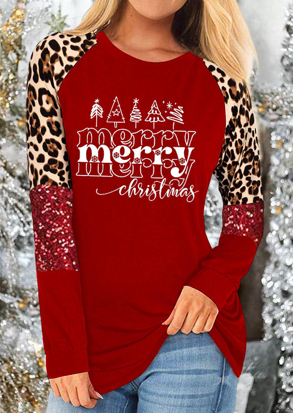 

T-shirts Tees Merry Christmas Tree Leopard Glitter O-Neck T-Shirt Tee in Red. Size: M