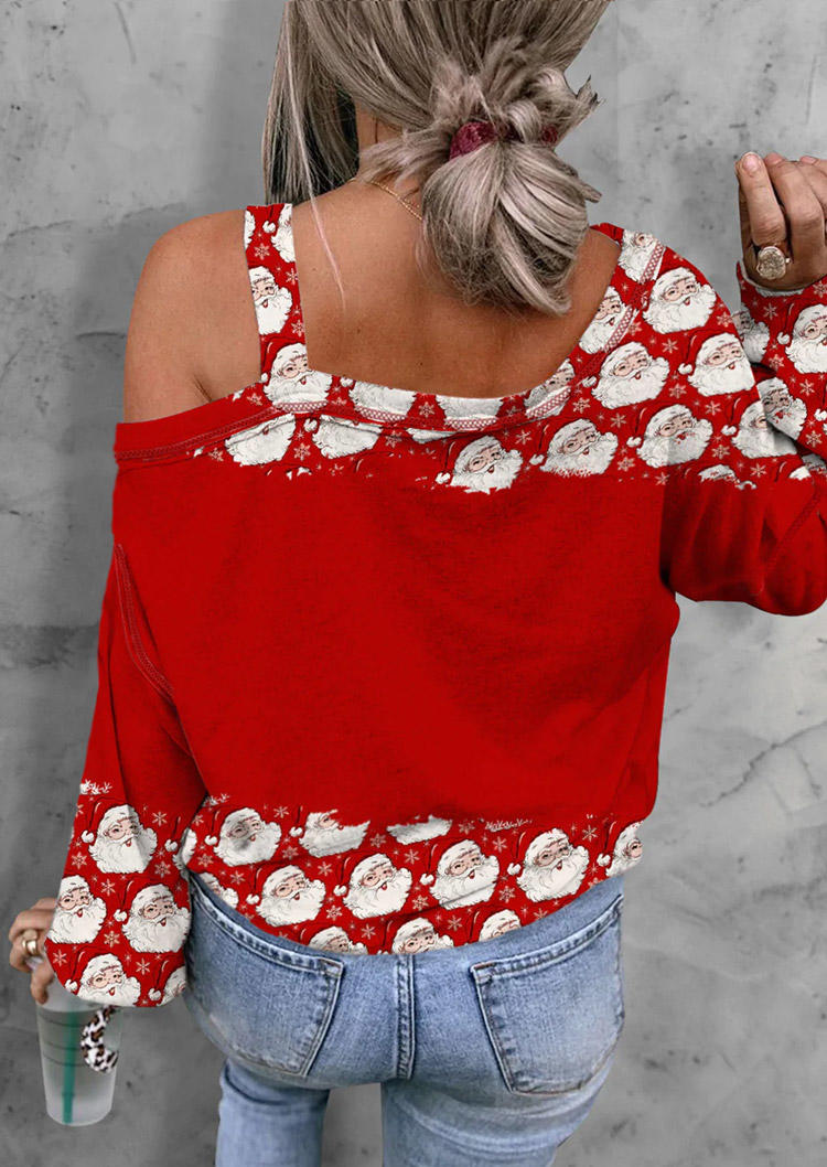 

Blouses Christmas Santa Claus One Sided Cold Shoulder Blouse in Multicolor. Size: L,M,,XL