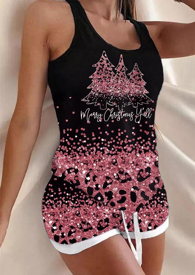 

Sleepwear Merry Christmas Y'all Glitter Leopard Tank And And Shorts Pajamas Set in Multicolor. Size: L,M,,XL