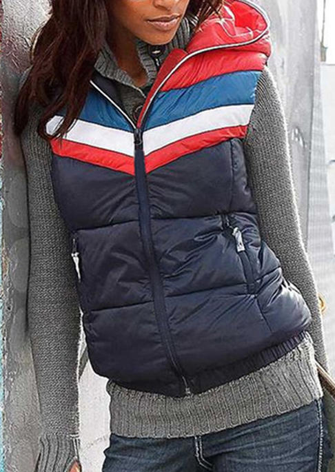 

Coats Color Block Zipper Hooded Vest Parka Coat in Blue. Size: L,M,S