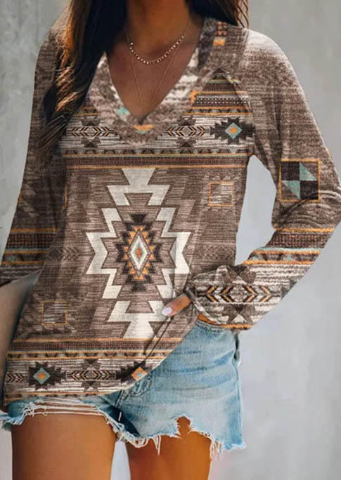 

Blouses Aztec Geometric Long Sleeve V-Neck Blouse in Multicolor. Size