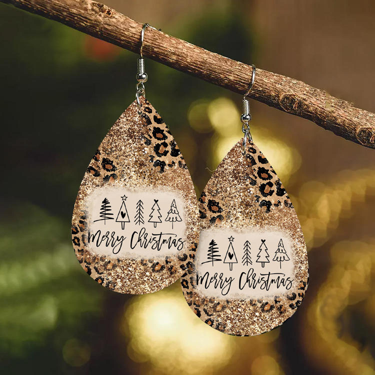 Merry Christmas Tree Leopard Glitter Earrings