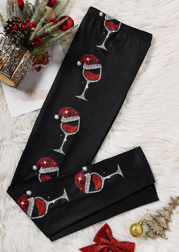 Leggings Christmas Hat Wine Glass Glitter Leggings in Black. Size: M,XL