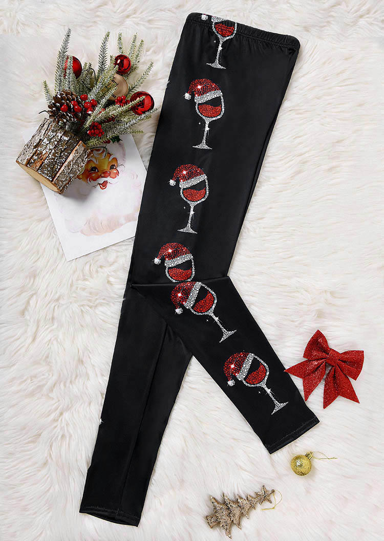 Christmas Hat Wine Glass Glitter Leggings - Black