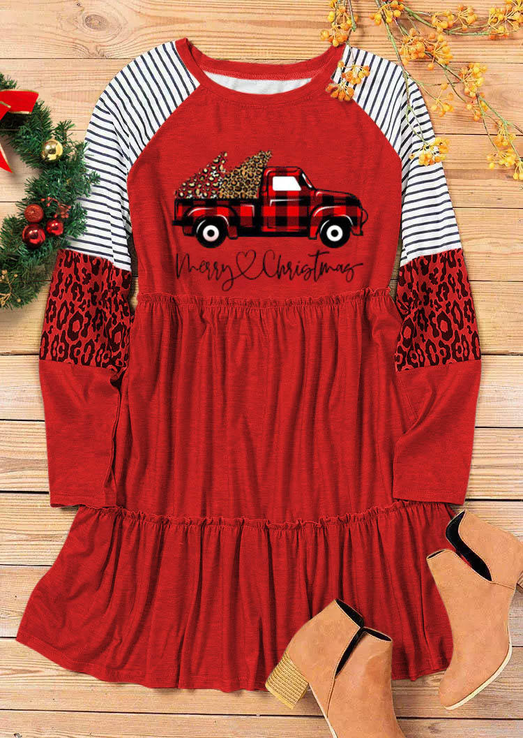 Mini Dresses Merry Christmas Plaid Leopard Striped Ruffled Mini Dress in Red. Size: S