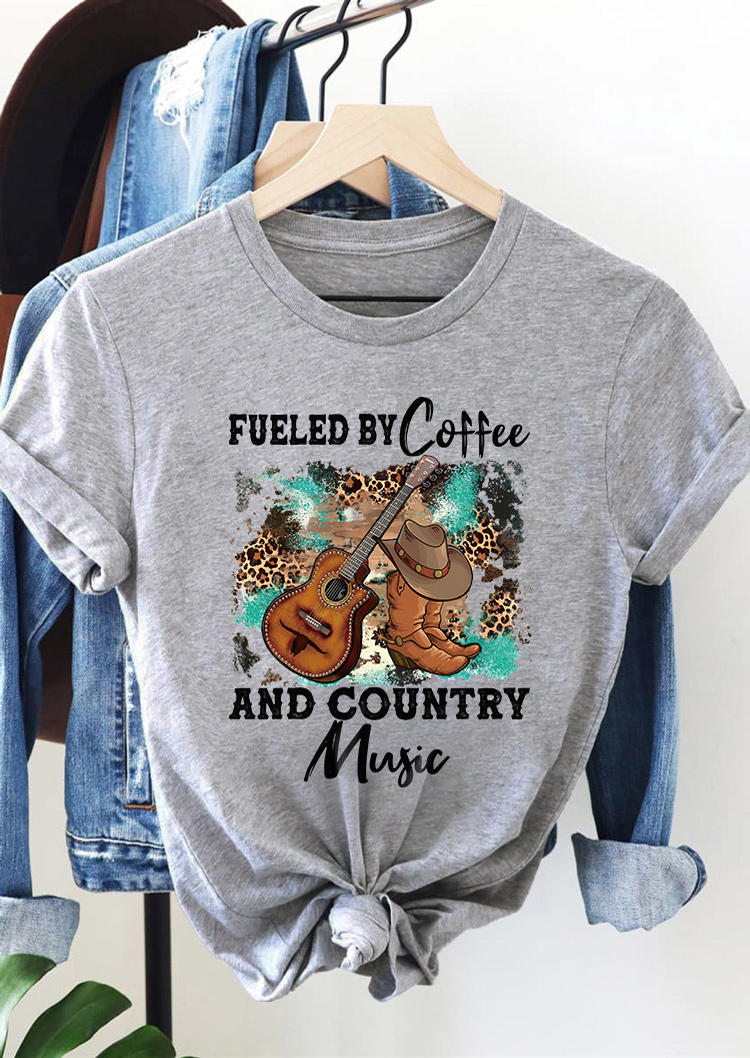 Fueled By Coffee And Country Music Leopard T-Shirt Tee - Gray