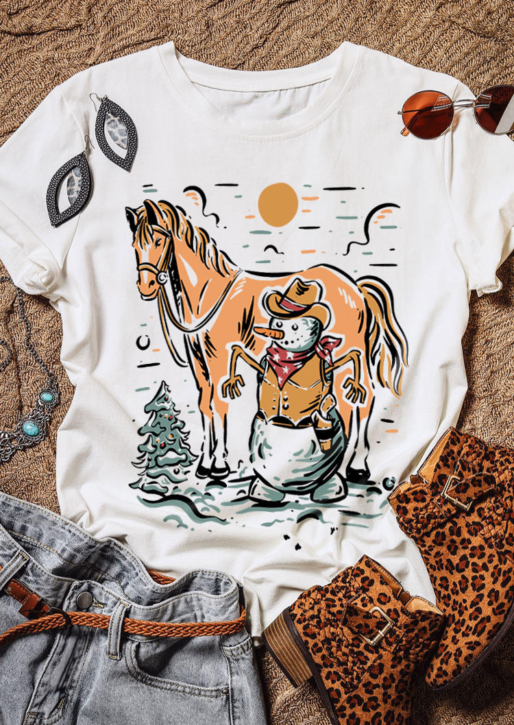 

T-shirts Tees Christmas Horse Snowman O-Neck T-Shirt Tee in White. Size