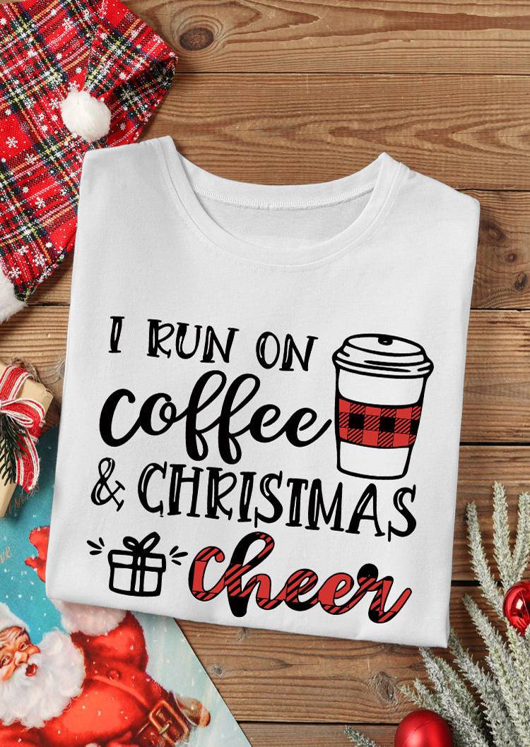 I Run On Coffee And Christmas Cheer Plaid T-Shirt Tee - White
