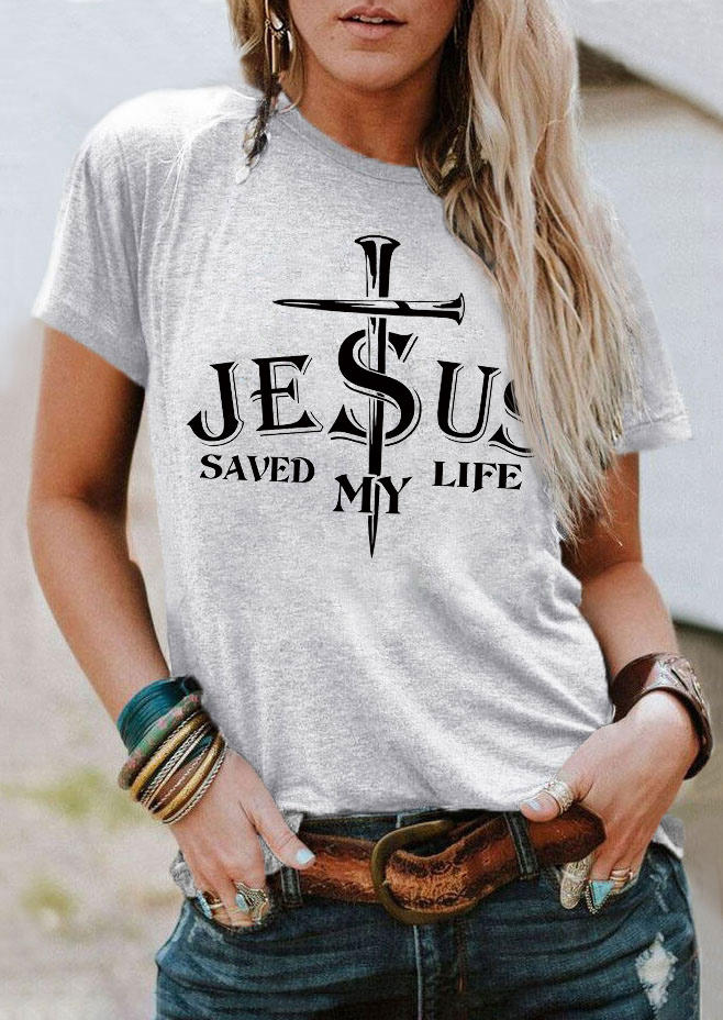 Jesus Saved My Life Cross T-Shirt Tee - Light Grey