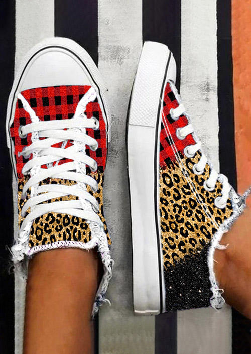 

Sneakers Leopard Plaid Glitter Round Toe Flat Sneakers in Multicolor. Size