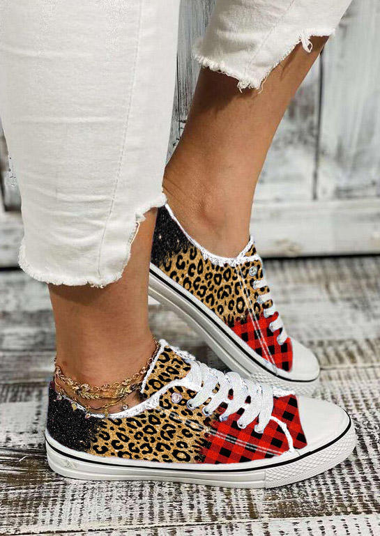 Leopard Plaid Glitter Round Toe Flat Sneakers