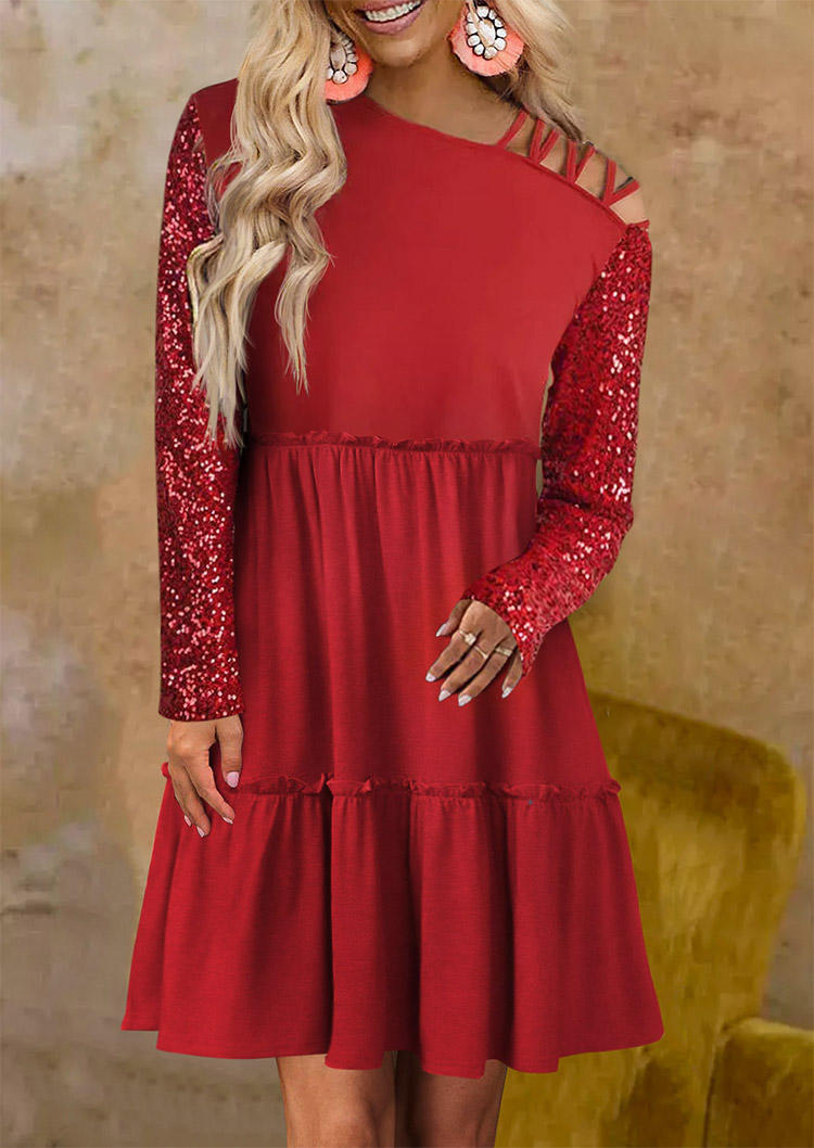 

Mini Dresses Glitter Ruffled Criss-Cross Mini Dress in Red. Size: L,M,,XL