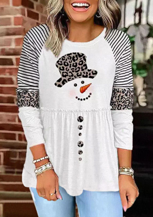 Christmas Snowman Leopard Striped Ruffled Blouse - White