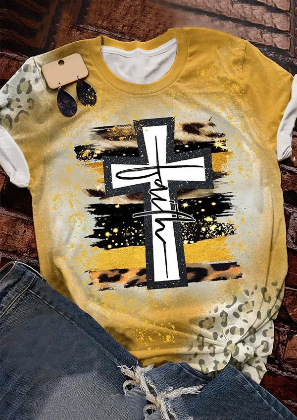 T-shirts Tees Faith Cross Bleached O-Neck T-Shirt Tee in Yellow. Size: L,XL